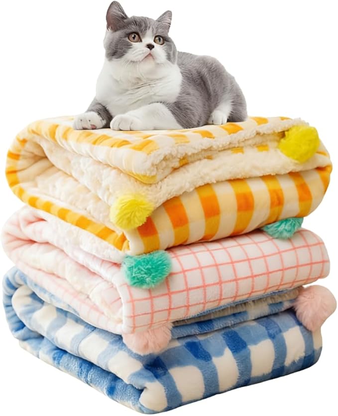 3Pcs Blankets Soft Fluffy Sherpa Fleece Pet Blanket Plaid Blanket for Dog Puppy Cat (Plaid-3pcs, Medium)