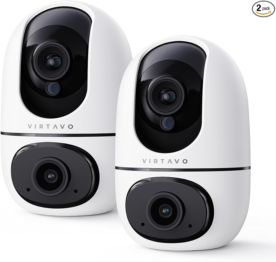 VIRTAVO XD1 Indoor Pet & Baby Camera, No Subscription Required, Dual-Lens 360° PTZ, Motion Tracking, 2-Way Audio, Night Vision, Cloud/SD Storage, Phone App, WiFi, 2-Pack,Power Adapter Included