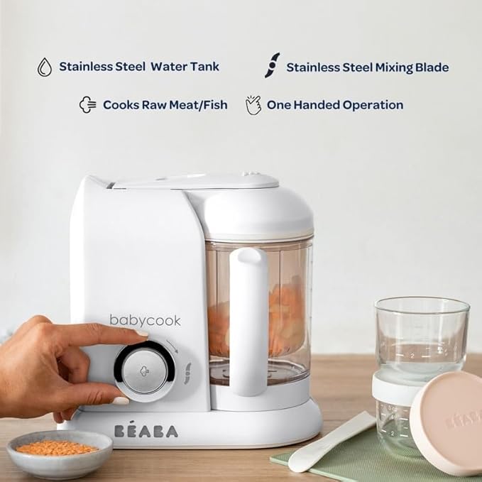 BEABA Babycook Solo 4 in 1 Baby Food Maker, Puree Steamer and Blender for Purees, Grinder with Auto Steam Cooking, Lrg Capacity 4.5 Cups 27 Servings in 20 Mins, White