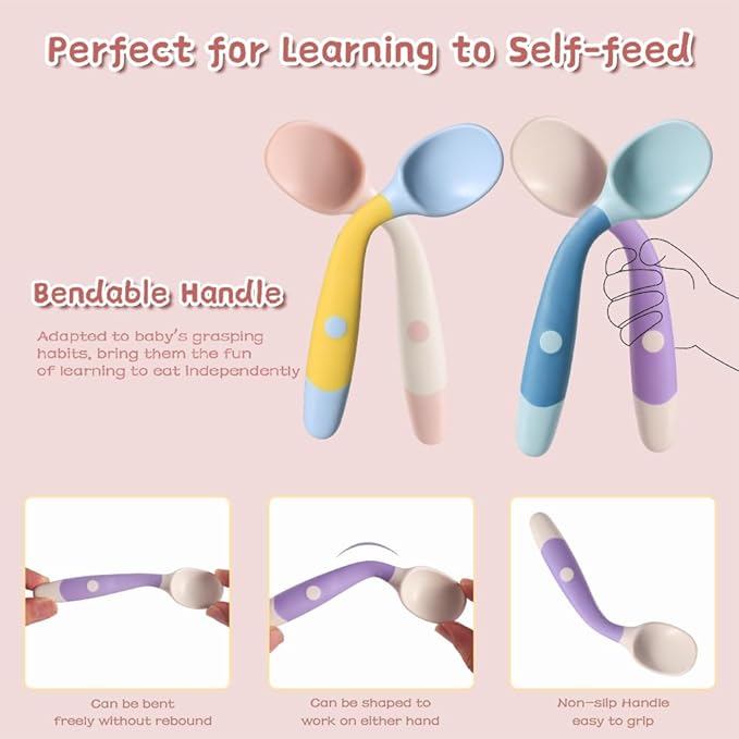 Baby Utensils Spoons and Forks Set Bendable Self-Feeding Silverware for Toddler Children with Travel Case Gum Friendly Food Grade (4 Set)