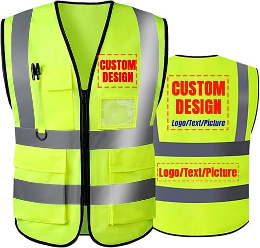 BeautyWill Safety Vest Custom Logo Class2 High Visibility Reflective Vest with 5 Pockets Construction Security Work Vest ANSI/ISEA Standards（Yellow，4XL ）
