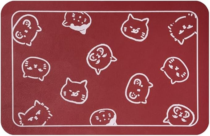YCT Cat Food Mat, Cat Mat for Food and Water, Pet Feeding Mat, Non-Slip Super Absorbent, with Multiple cat Heads Logo, 18.1 x 11.8 inches, Red