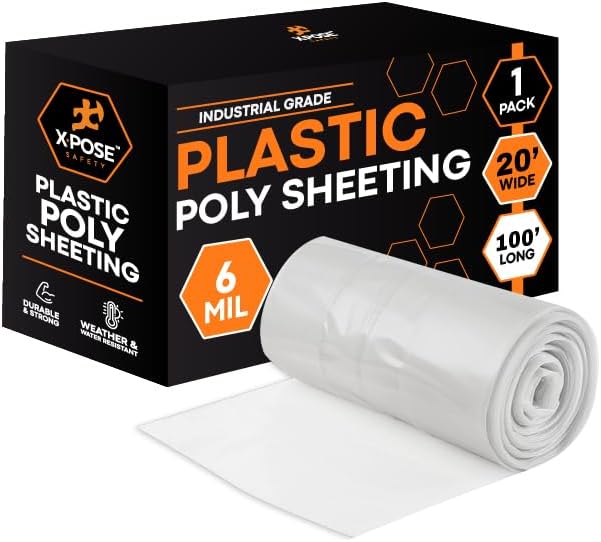 Xpose Safety Clear Plastic Sheeting – 20' x 100' Roll – Heavy Duty 6 Mil Poly Sheet – Waterproof, Dustproof, Vapor Barrier – for Construction, Painting, Industrial Use