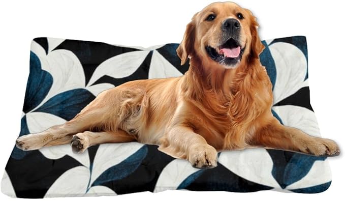 Modern Navy White Graphic Floral Medium Pet Bed Pet Crate Mat Puppy Crate Pad Bed for Washable Non-Slip Washable Dog Beds for Crates Cusion Dog Mattress Little Indoor Outdoor 36X24 Inch