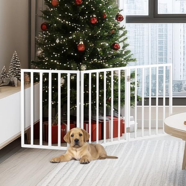 Pet Gate - 3-Panel Indoor Foldable Dog Fence for Stairs, Hallways or Doorways - 54x24-Inch Retractable Wood Freestanding Dog Gates by PETMAKER (White)