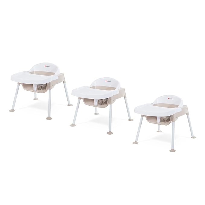 Foundations Secure Sitter Feeding Chairs Multipack, No-Tip Feet, 3-Point Adjustable Harness, Removable Tray, Easy to Clean, Stackable Feeding Chairs, 3 Pack (9 inch)