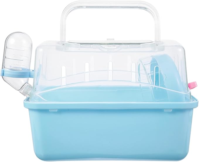 POPETPOP Small Animal Carrier Cage with Water Bottle - Portable Hamster Travel Cage with Handles for Hedgehog Hamster Rat Bearded Dragon Ferret Chinchillas (Sky-Blue) 11"*6.69"