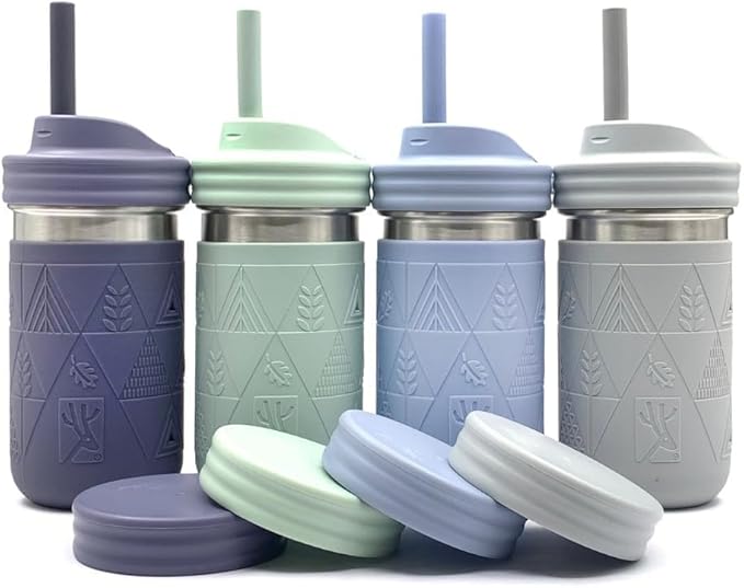 Elk and Friends 14oz Stainless Steel Kids + Toddler Drinking Cups | The Original Mason Jars with Lids + Sleeves + Straws | Smoothie Cups | Spill Resistant | Dishwasher Safe | 4 Pack