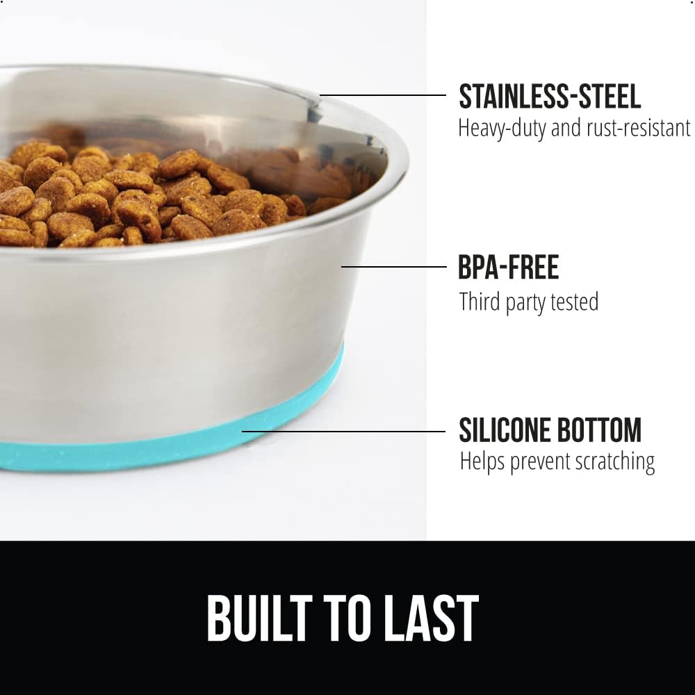 GORILLA GRIP Set of 2 Dog Bowls, Heavy Duty Metal Food and Water Bowl for Feeding Dogs and Cats, Dishwasher Safe Rust Resistant Stainless Steel, BPA Free Rubber Base, Holds 2 Cups (16 fl oz) Turquoise