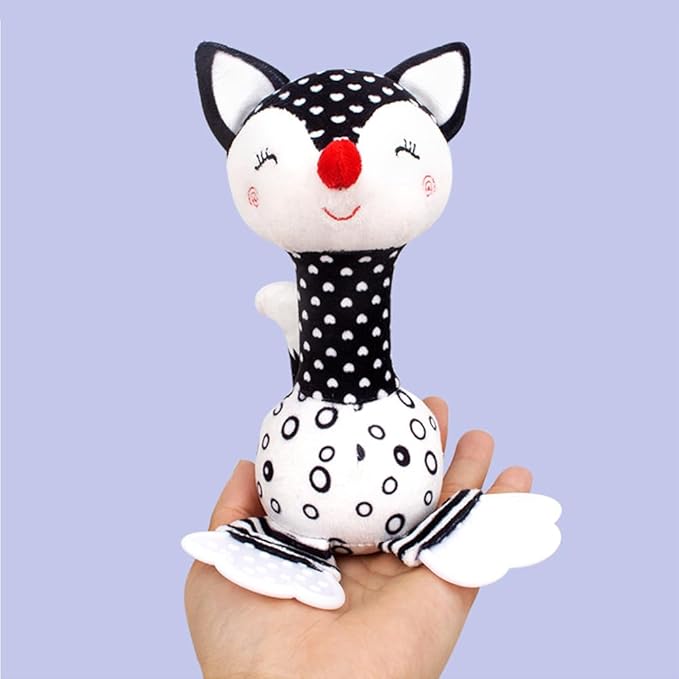 D-KINGCHY Baby Toys 0-12 Months, Black and White Newborn Toys, Soft Plush Rattle Stuffed Animal Toy with Teether and Sound, Developmental Hand Grip Toys (Fox)