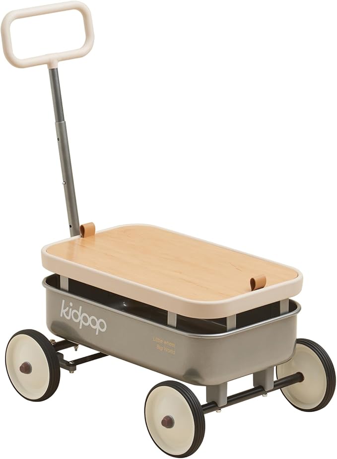 kidpop PULA-Wild 3-in-1 Kids' Pull-Along Wagon Toddlers Push Walker for 2.5-8, Removable Wooden Cover and Adjustable Handlebar, Birthday Gifts Max Weight 33 lbs (Grey)