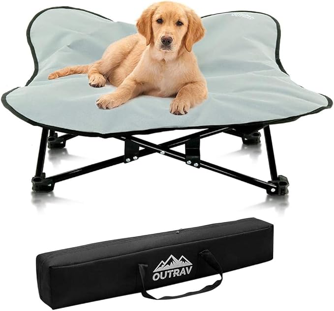 Portable Elevated Bed | Folding Pet Cot for Indoor, Outdoor, Traveling, Camping | Fold Up Steel Frame with Padded Cushion Canopy | Raised Travel Lounger for Large, Small, Dogs, Cats, up to 100 lb.