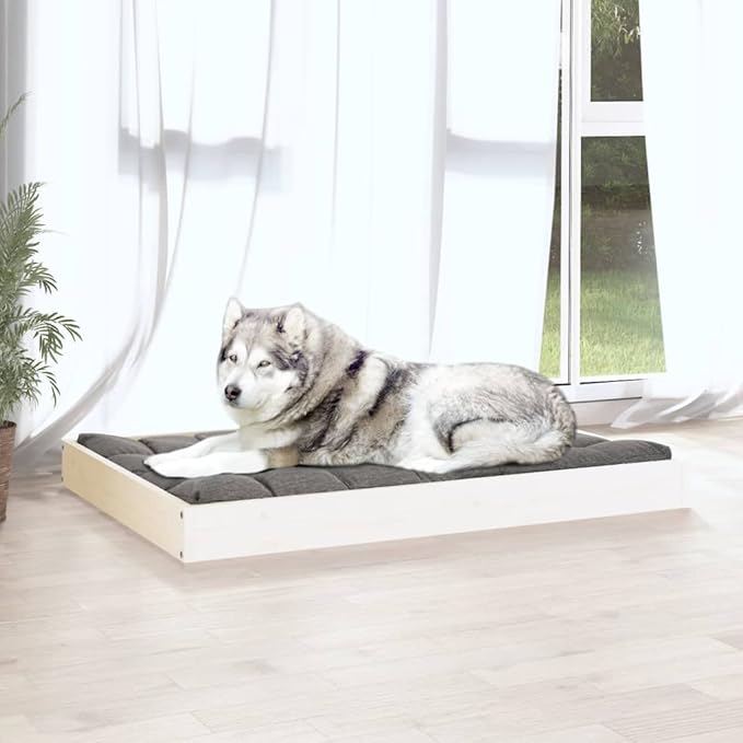 Elevated Dog Bed with Solid Pine Wood Frame, Orthopedic Support for Medium Breeds, Easy-Clean White Finish, Durable Pet Furniture for Indoor Use
