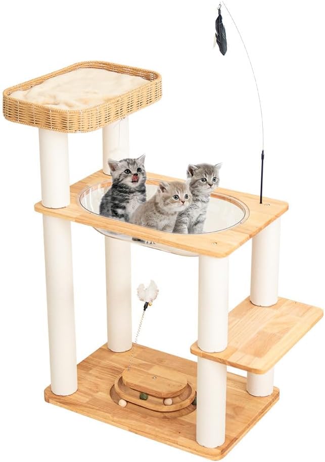 Wood Cat Tree for Large Cats, Modern Cat Tree Tower with Wide Shelves Cotton Scratching Posts, Super Sturdy Base, Cozy Perches, and Interactive Toys for Indoor Kittens