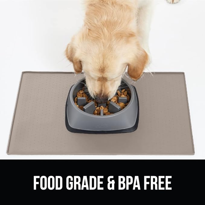 GORILLA GRIP 100% Waterproof Raised Edge BPA Free Silicone Pet Feeding Mat, Dog Cat Food Mats Contain Spills Protects Floors, Placemats for Cats and Dogs Water Bowl, Pets Accessories 18.5x11.5 Beige