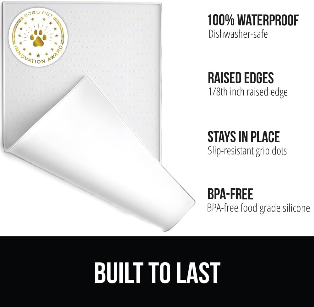 GORILLA GRIP 100% Waterproof Raised Edge BPA Free Silicone Pet Feeding Mat, Dog Cat Food Mats Contain Spills Protects Floors, Placemats for Cats and Dogs Water Bowl, Pets Accessories 28x18 White