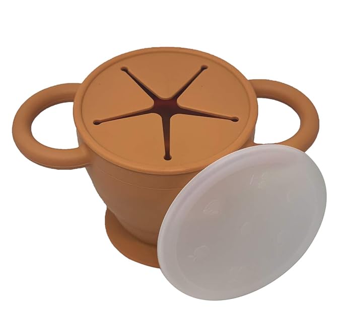 BraveJusticeKidsCo | Snack Attack II Snack Cup | Collapsible Silicone Snack Container | Toddler and Baby Snack Catcher Lid (Honey Ginger)