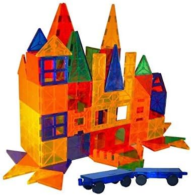 Magnet Tiles - Clear Magnetic 3D Building Blocks - Educational Toys, Games, Activities, Puzzles - Creativity, Motor Skills, Learning Shapes - Plastic Storage Bin, 2 Car Base - 186 Pieces