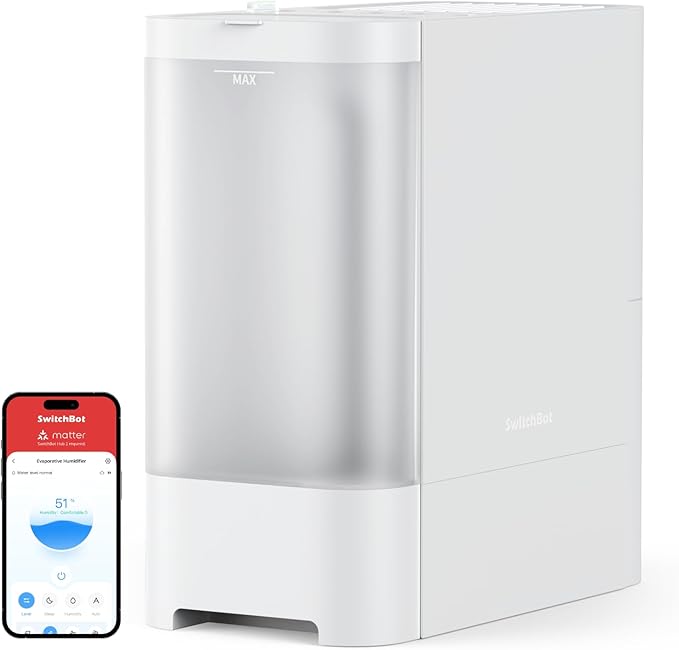 SwitchBot Smart Evaporative Humidifier for Bedroom 4.5L(1.2G), 750ml/h Rapid, Top Fill, Automatic Air Drying Filter, Ag+ Technology, Voice Control, App Alert (Hub 2 Required)