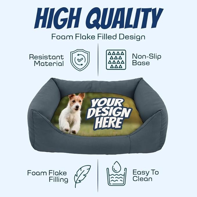 Ships Next Day, Made in USA - Custom Dog Bed – Dog/Puppy Bed w/Navy Blue Base - Personalized Pet Photo Upload - Indoor Use - Ideal Gift - Available in 3 Sizes (20x15.5 Inches)