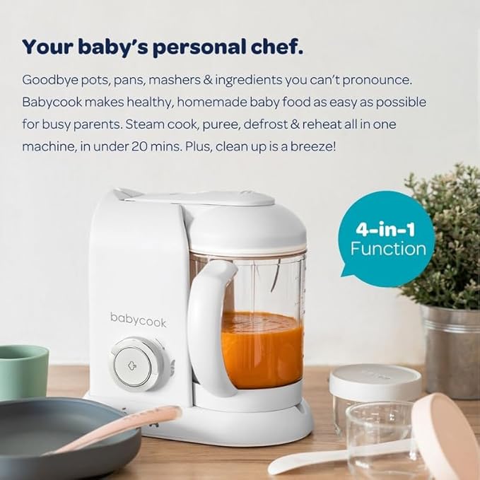 BEABA Babycook Solo 4 in 1 Baby Food Maker, Puree Steamer and Blender for Purees, Grinder with Auto Steam Cooking, Lrg Capacity 4.5 Cups 27 Servings in 20 Mins, White