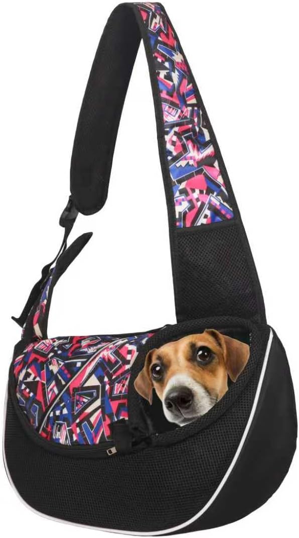 Pet Sling Carrier for Small Dogs & Cats, Mesh Travel Shoulder Bag, 10 lb Capacity, Adjustable Strap, Black with Geometric Pattern (Red camo, Medium)