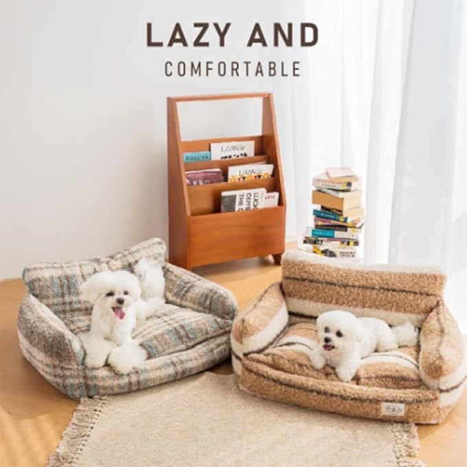 Lazy Holiday Plush Cozy Dog & Cat Sofa Bed, Teddy Velvet Dog Bed, Trendy Striped Faux Lambswool Double Layer Dog & Cat Sofa Bed Dogs Sleeping Mat for Medium Small Dogs & Cats (A-1,L)