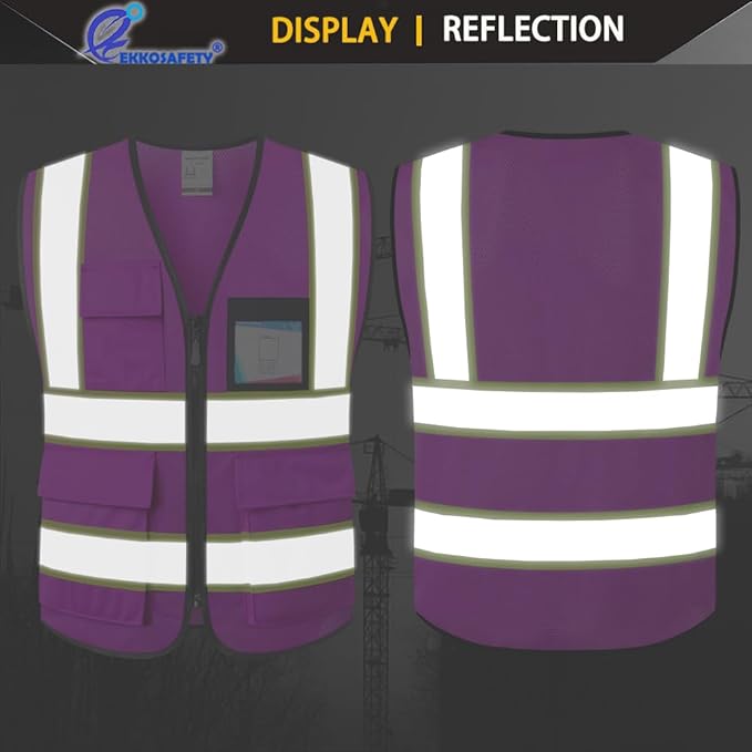 Purple Safety Vest for Men Women Reflective with 8 Pockets and Zipper Front Mesh High Visibility Vest Hi Vis Construction Work Vest,Meets ANSI/ISEA Standards(EKH1-Purple-3XL)