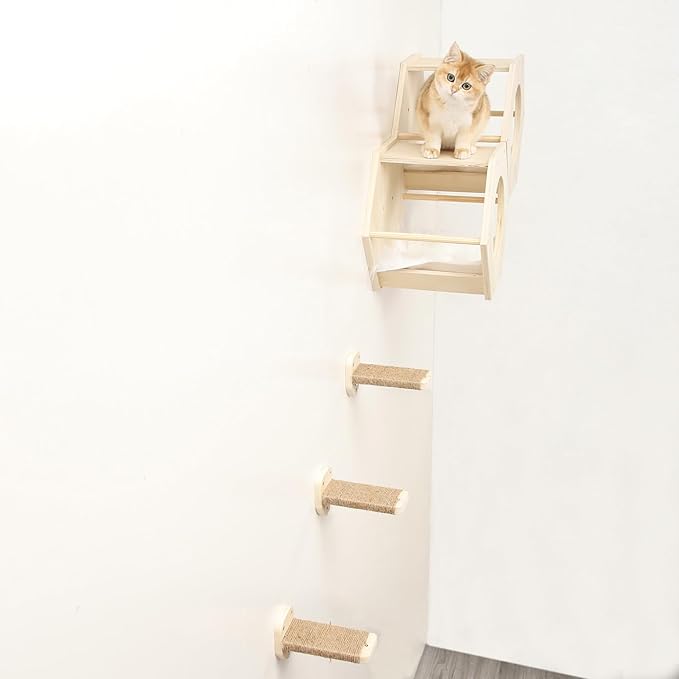 KATRIS Cat Shelves with 3 Steps Scratcher Post & Hammock, Wall Mounted Climbing Shelf for Indoor Cats (Wood)
