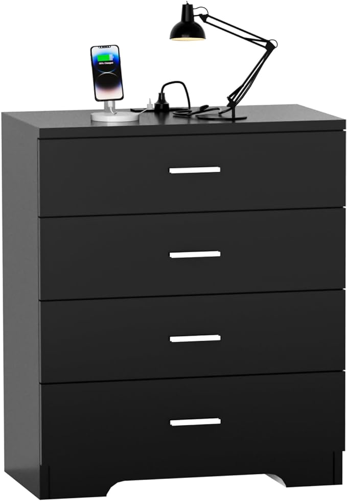 Dresser with Power Outlets Wooden 4 Drawer Dresser with USB and Type C Port Chest of Drawers for Bedroom Tall Black Organizer Storage for Living Room Hallway Closet