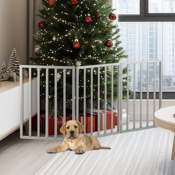 Pet Gate - 3-Panel Indoor Foldable Dog Fence for Stairs, Hallways, or Doorways - 54x24-Inch Retractable Wood Freestanding Dog Gates by PETMAKER (Gray)