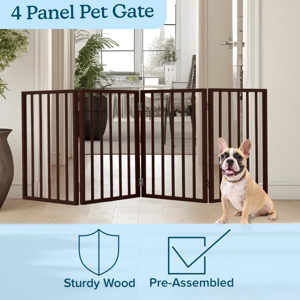 Pet Gate - 4-Panel Indoor Foldable Dog Fence for Stairs, Hallways or Doorways - 72x24-Inch Retractable Wood Freestanding Dog Gates by PETMAKER (Brown)