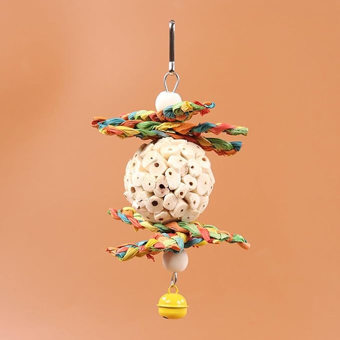 Bird Toys Hanging Natural Soft Sola Ball Natural Corn Husk Beak Chew Shred Colorful Forage Toys for Parrots, Cockatiel, Conure, Love Birds,Parakeets,Budgie and Other Small Birds (L)