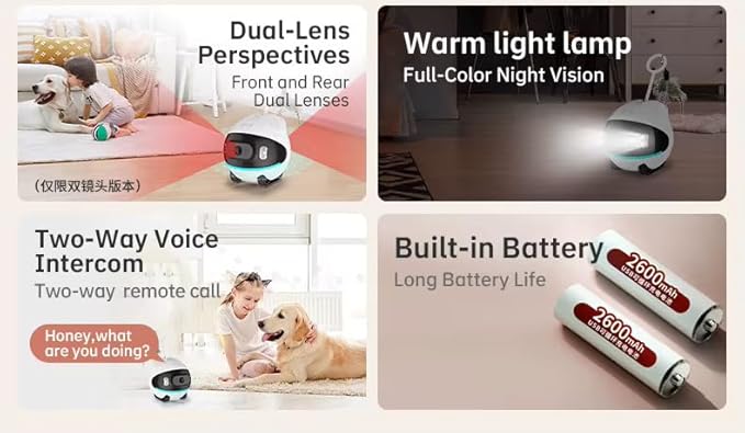 LeHo Smart Pet Robot Camera, 1080p HD Wi-Fi, Whole-House Mobility Pet Monitoring Camera, 2-Way Audio, Motion Detection, Night Vision, App Control, and Rechargeable Battery for Dogs & Cats