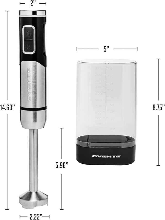 OVENTE Cordless Immersion Hand Blender, Rechargeable Handheld Portable Stick Mixer with 8 Mixing Speed Option, One-Touch Control and Stainless Steel Blades for Smoothies, Shakes or Soups, Black HR981B