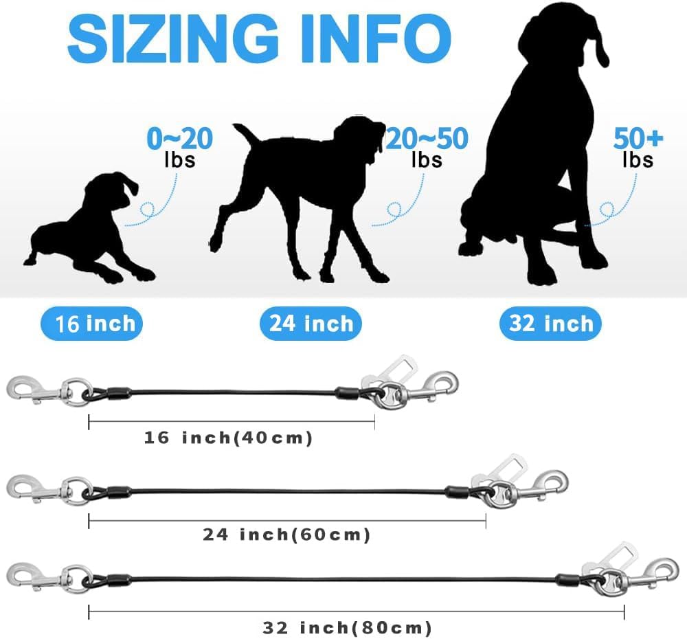 Dog Seat Belt Harness for Car,2pcs Dog Seatbelt of Coated Wire Leash Safety Restraint,No Chew Tether Cable Vehicle Dog Accessories,Double Clips & Latch (2 Pack Black, 24 inch/60 CM)