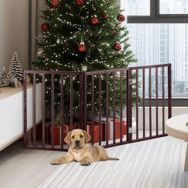 3-Panel Indoor Foldable Dog Fence for Stairs, Hallways, or Doorways - 54x24-Inch Wood Freestanding Dog Gates by PETMAKER (Brown)