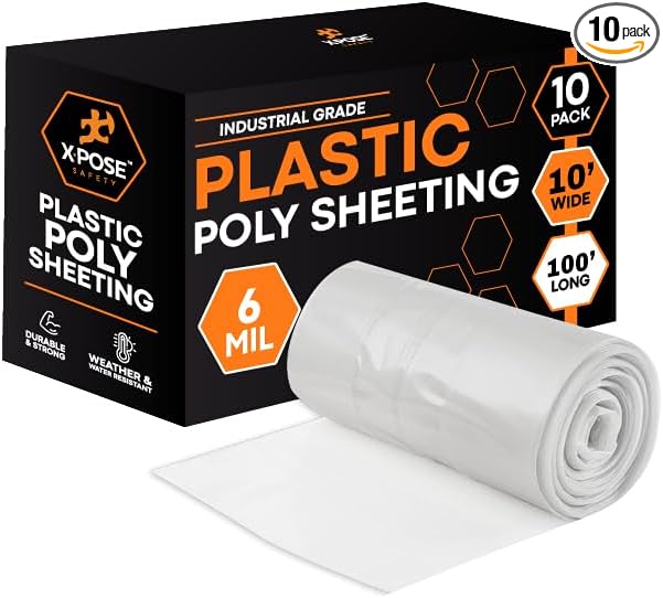 Xpose Safety Clear Plastic Sheeting 10 Pack – 10' x 100' Rolls – Heavy Duty 6 Mil Poly Sheet – Waterproof, Dustproof, Vapor Barrier – for Construction, Painting, Industrial Use