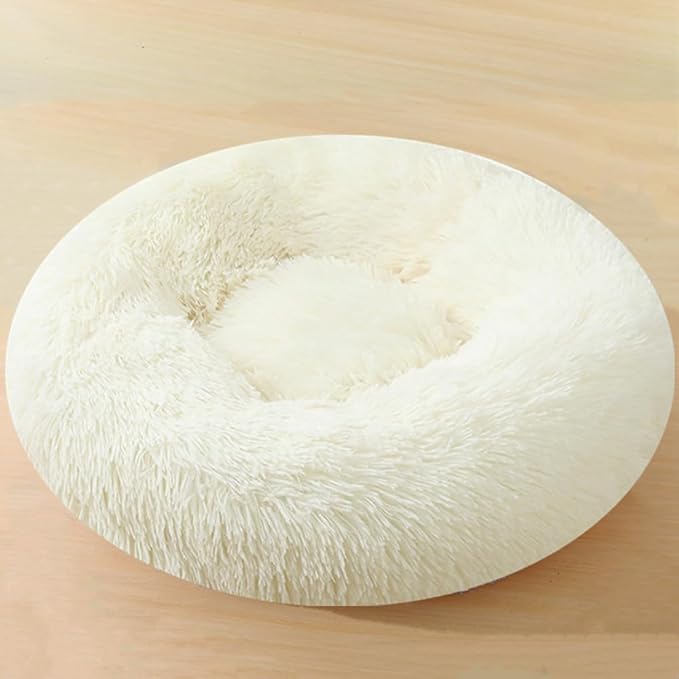 Large Calming Dog Bed, 47 Inch Anti-Anxiety Donut Dog Cuddler Cat Bed, Warming Cozy Soft Dogs Round Bed, Fluffy Faux Fur Machine Washable Pet Cushion for Medium Large Dogs & Cats (White)