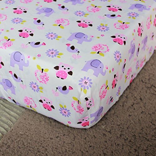 Brandream Crib Bedding Set 3 Pieces Purple Baby Girls Cotton Patchwork Flowers Elephant Owl Nursery with Ruffle Design, Princess Lovely Cute Breathable Healthy