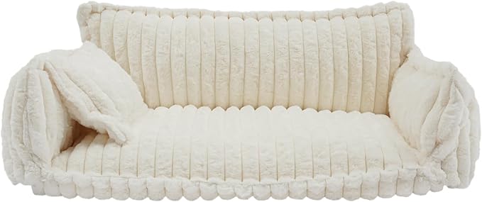 Pet Couch Bed for Dog and Cat, Plush Calming Couch for Pets with Removable Washable Cover, Modern Sofa Style Pet Bed for Home Living Room (White)