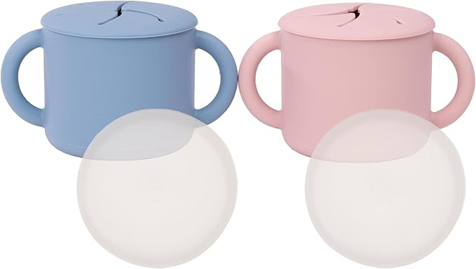 WeeSprout Snack Containers, Food Grade Silicone Cups, Spill-Proof Tops For Toddlers and Babies, Premium Hard Plastic Travel Lids, Dishwasher Safe, Set of 2 Snack Catchers