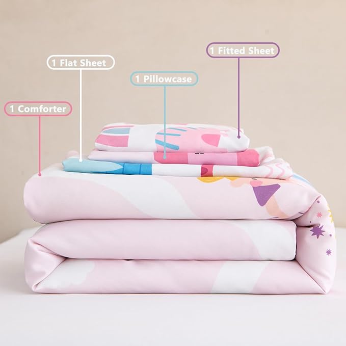 PERFEMET 4 Pcs Twin Bedding Set for Girls Pink Castle Kids Bed in A Bag Comforter Set Ultra Soft Reversible Fairy Tales Themed Bedding Comforter with Sheet Set for All Seasons(Pink, Castle)