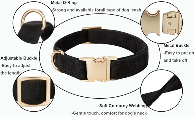 Soft Cotton Dog Collar with Metal Buckle Adjustable Heavy Duty Comfy Corduroy Collars for Small Medium Large Dogs,Black,Medium