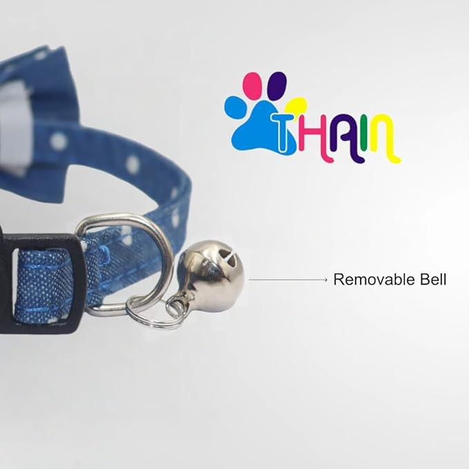 THAIN Cat Collar Breakaway with Bell and Bow Tie Safety Buckle Denim Dots Adjustable 7-11 inches for Kitten Cats(Denim Dots)