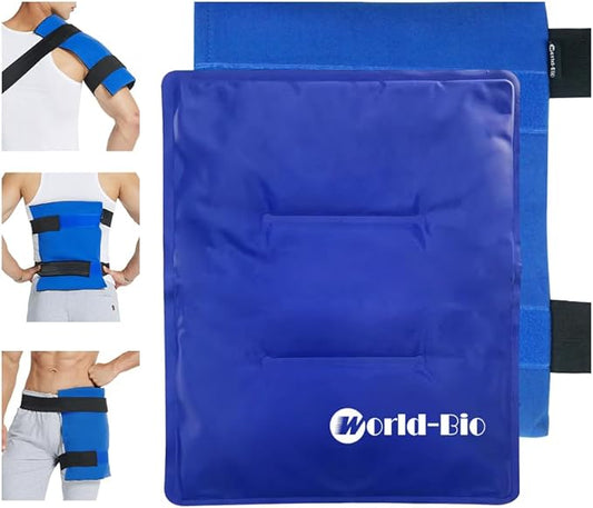 WORLD-BIO Large Gel Ice Pack Wrap for Injuries, Reusable Cold Compress Therapy Ice Pack with Straps for Swelling, Bruises, Hip, Knee Replacement Surgery, Back, Shoulder,11" x 14" Blue