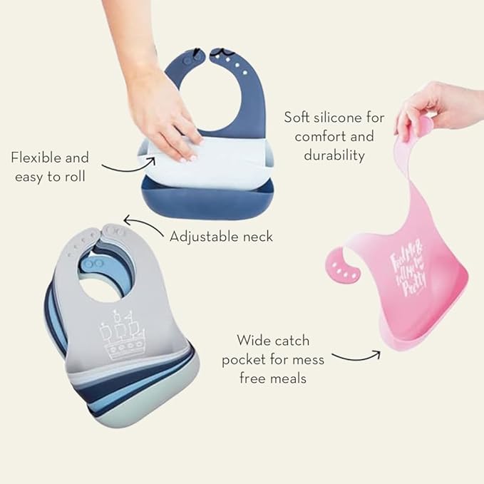 Baby Bib for Eating by Bella Tunno, Waterproof Silicone Bib with Large Food Catcher, Adjustable Fit for Babies 4-12 months & Toddlers 1-3 Years, Boys & Girls, Get In My Belly
