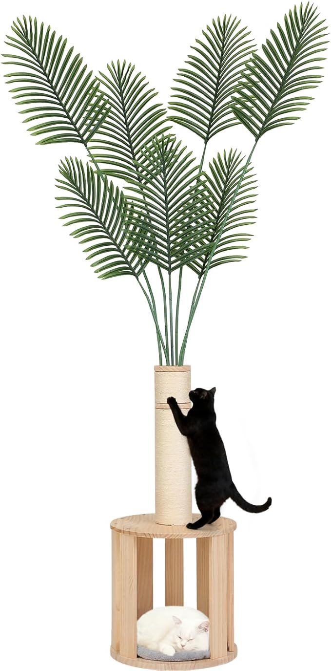 82.7'' Tall Modern Cat Tree for Indoor Cats,Artificial Areca Palm Tree Cat Tower with Solid Wood Cat Bed,Nature Sisal Scratching Post,Removable Mat,Aesthetic Cat Activity Center for Small Medium Cats