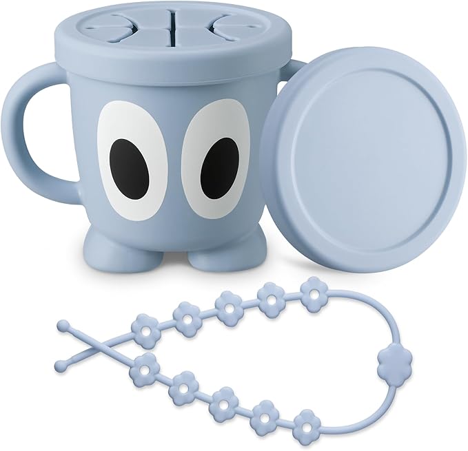 Silicone Snack Cup Food Container for Toddlers and Babies, Spill Proof Training Cup with Snack Cup Lid & Dust Proof Lid, Comes with a toy strap, Without BPA, Lead, or Phthalates (Ether)