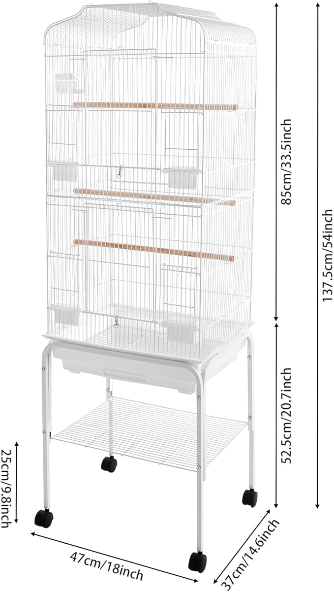 Freestanding Bird Cage Large Bird Cage with 4 Feeding Bowls & Waterer & 4 Universal Wheels & 2*Brake & Storage Rack & Slide-Out Tray & Mesh Panel Budgie Aviary for Balconies, in Homes, Shop（White）